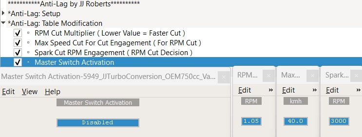 Example EvoPro Anti-Lag XML table preview showing Cut Strength, Max Speed Cut, Activation RPM, and Master Switch controls